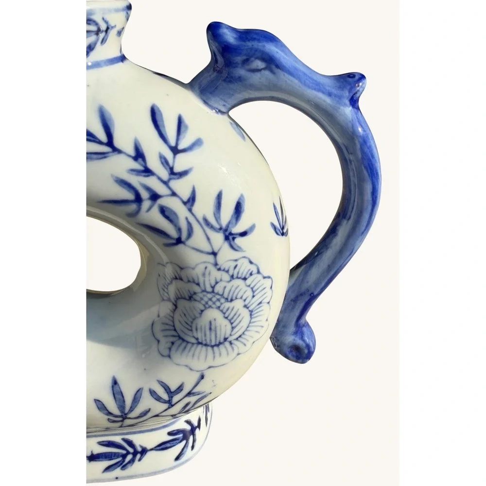 Vintage Blue White Chinese Donut Teapot Dragon Handle Chinoiserie Ring Pot 7
